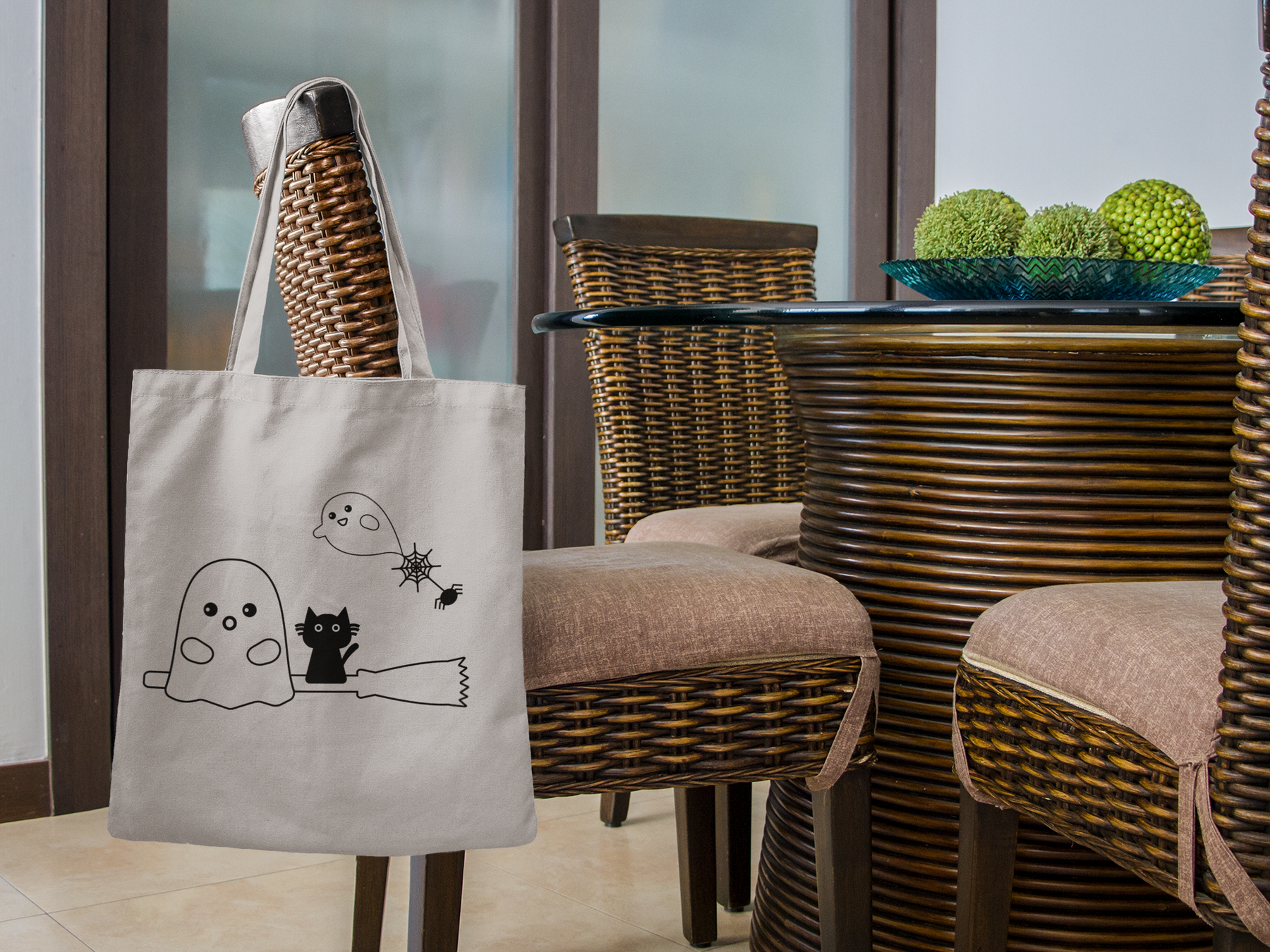 🎃 Cute Ghost & Cat on Broom Black DTF Transfer FT545