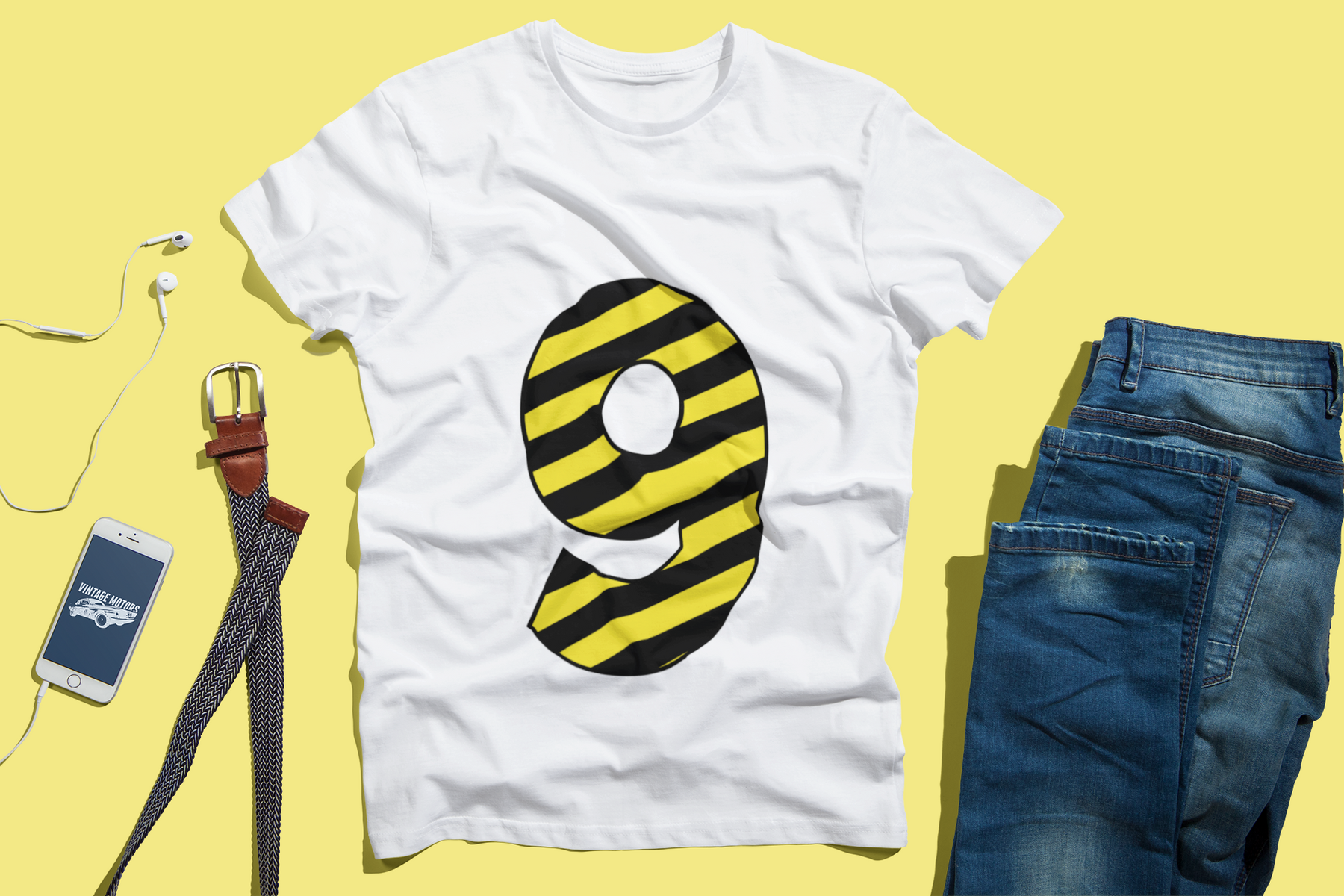 ⚠️ “9” – Nine – Yellow & Black Striped Pattern Numeric | DTF Transfer FT1029